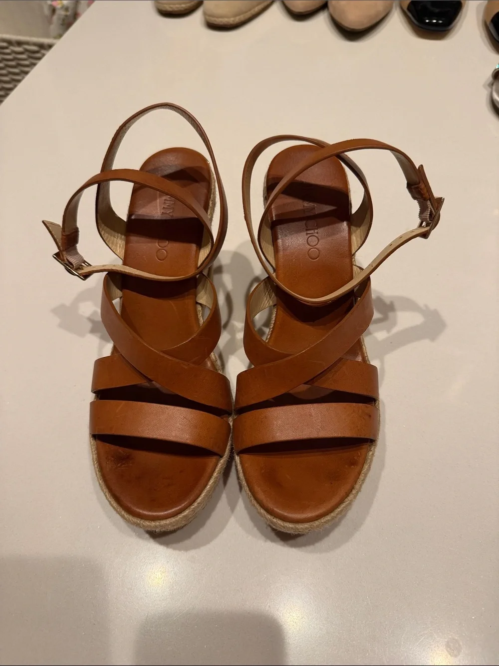 Jimmy Choo size 40 Leather Strappy Wedge Sandals in Tan